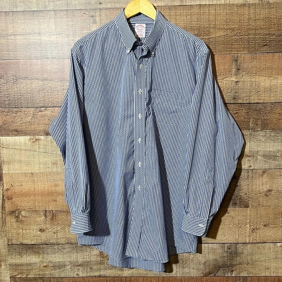 🌻 BROOKS BROTHERS ‘Madison’ Supima Cotton Navy Gingham LS Shirt sz. 17-34 - Picture 1 of 10